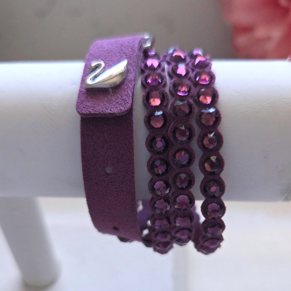 Swarovski Slake Purple Alcantara Crystal Wrap Bracelet Swan Logo Buckle Closure